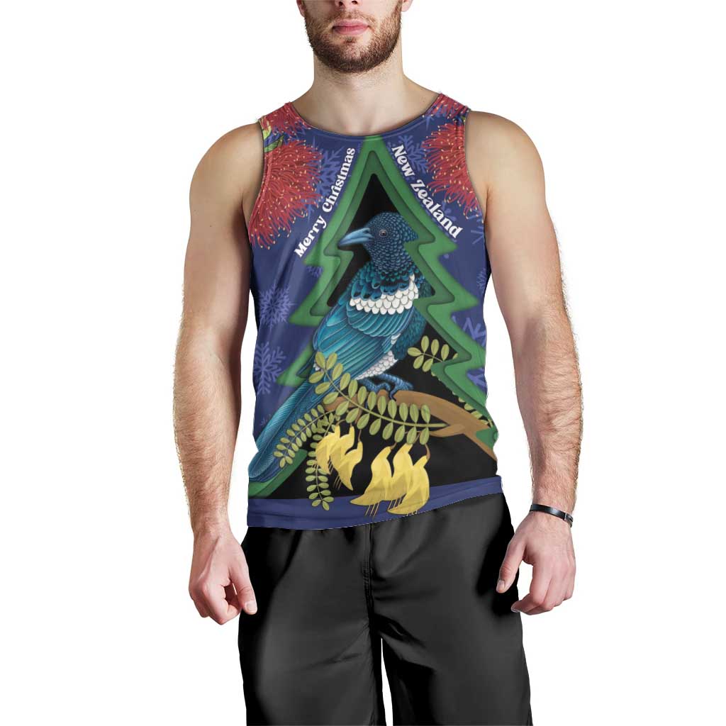 New Zealand Christmas In July Men Tank Top Kowhai Tui Bird With Pohutukawa - Blue