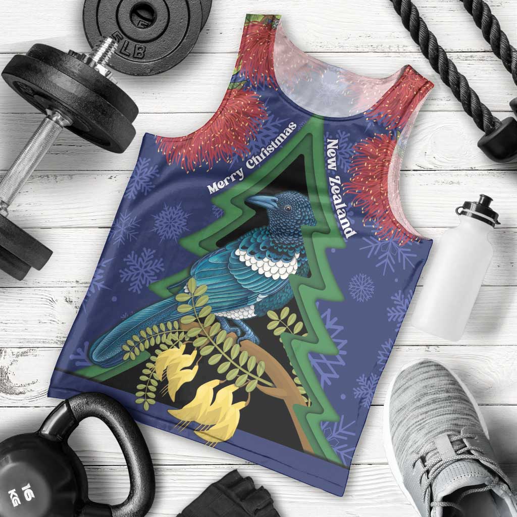 New Zealand Christmas In July Men Tank Top Kowhai Tui Bird With Pohutukawa - Blue
