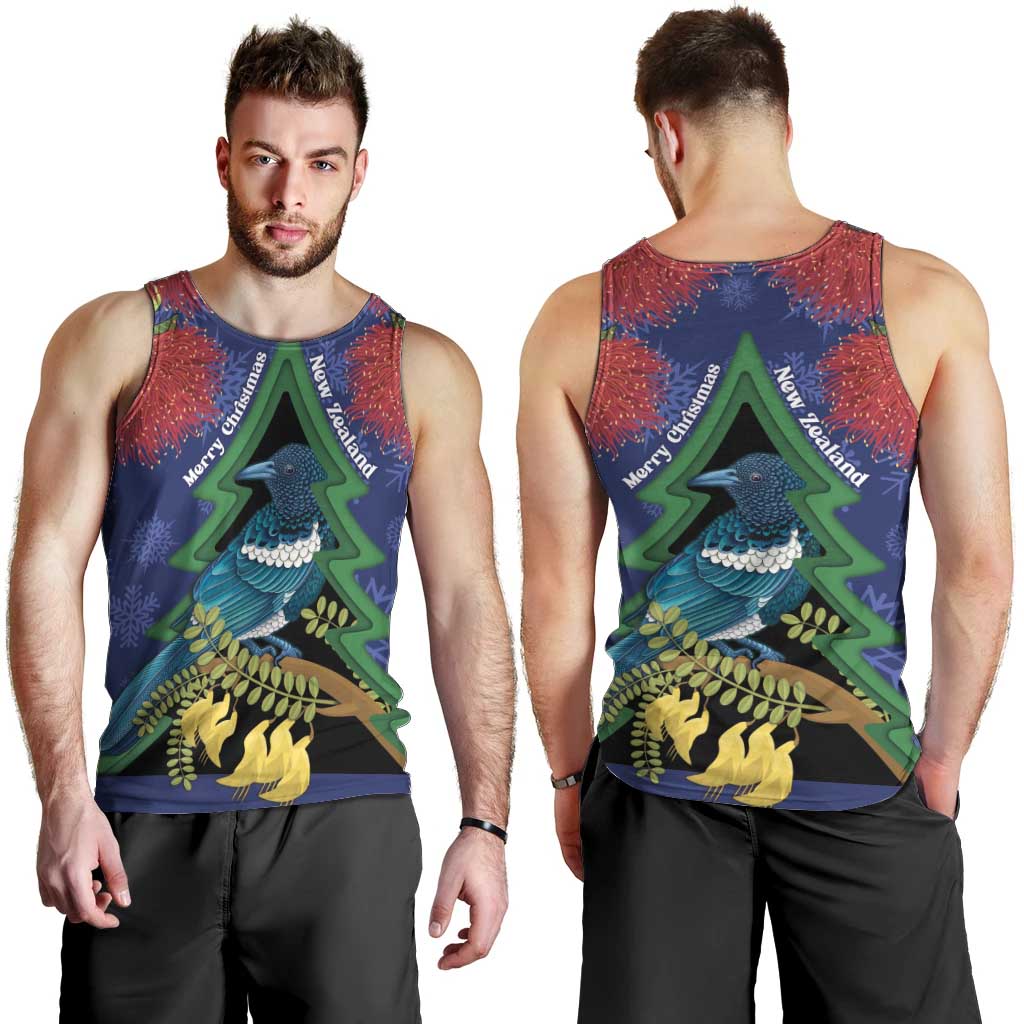 New Zealand Christmas In July Men Tank Top Kowhai Tui Bird With Pohutukawa - Blue