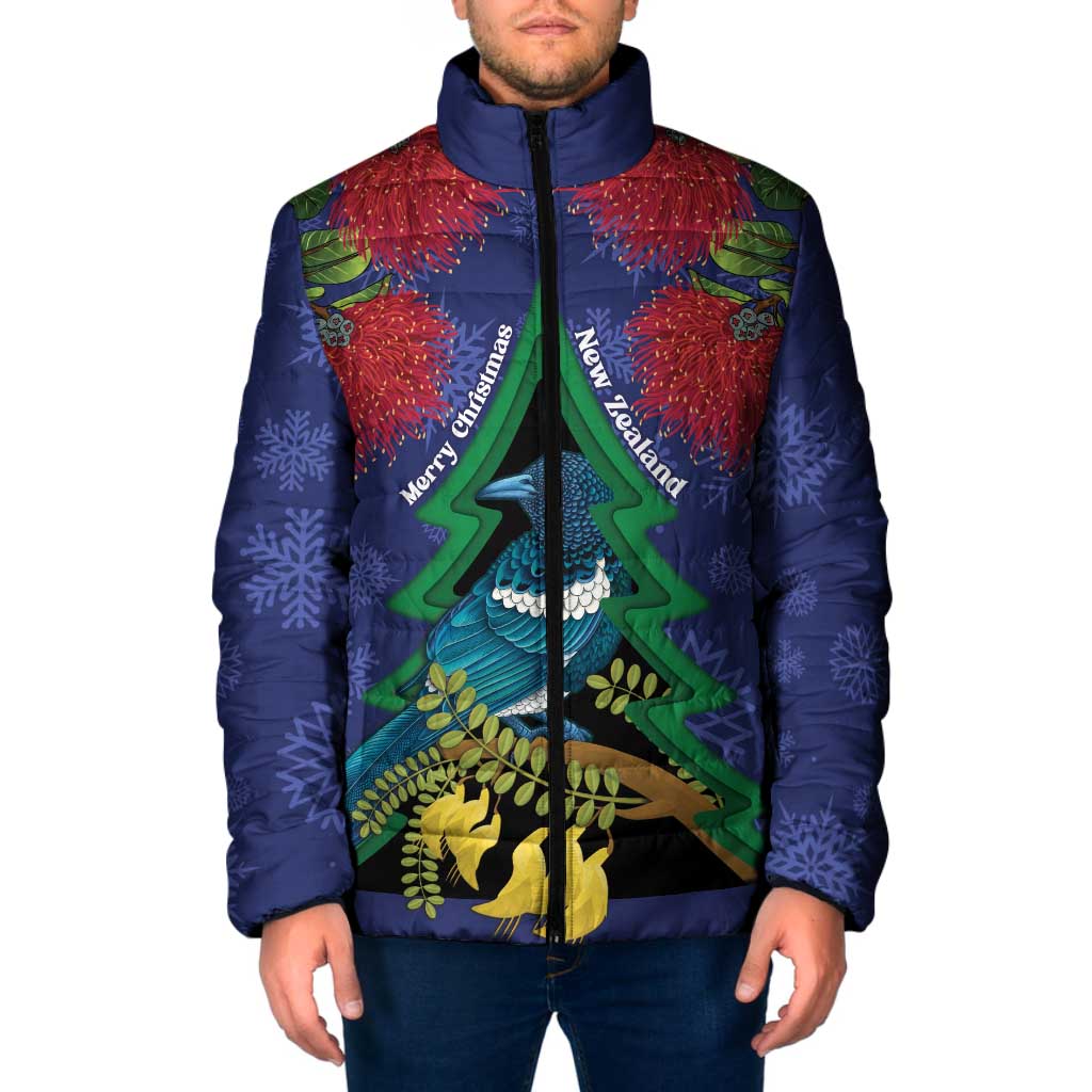 New Zealand Christmas In July Padded Jacket Kowhai Tui Bird With Pohutukawa - Blue - Polynesian Pride