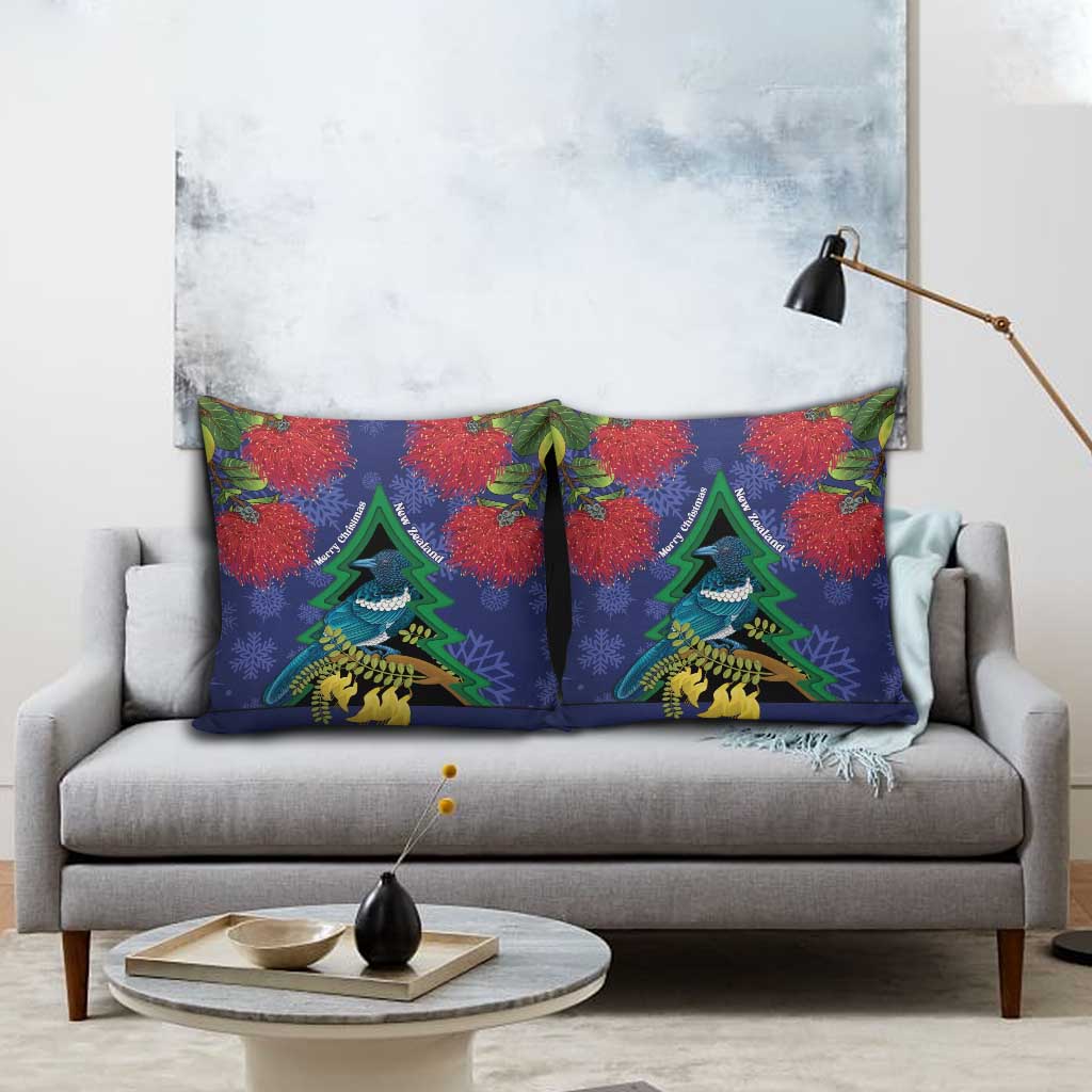 New Zealand Christmas In July Pillow Cover Kowhai Tui Bird With Pohutukawa - Blue - Polynesian Pride