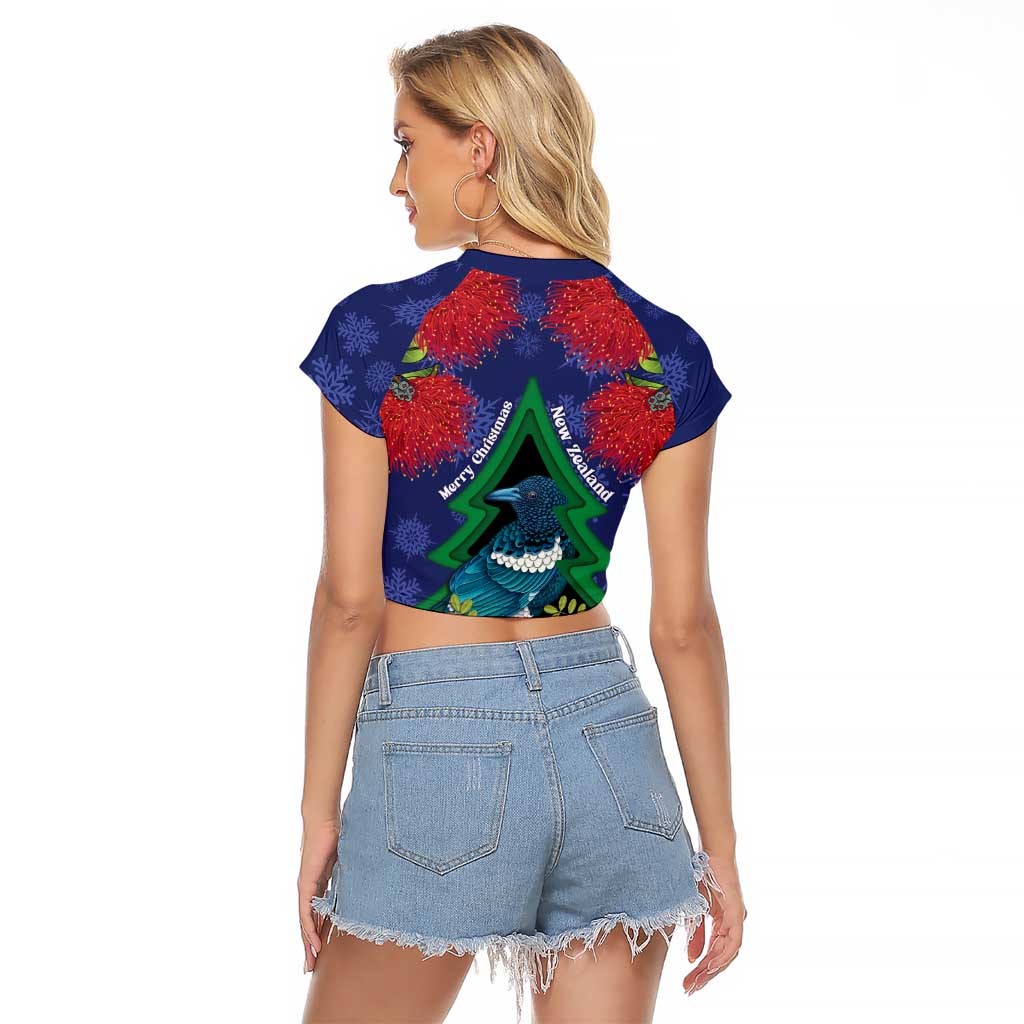New Zealand Christmas In July Raglan Cropped T Shirt Kowhai Tui Bird With Pohutukawa - Blue