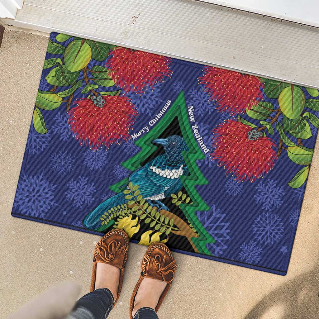 New Zealand Christmas In July Rubber Doormat Kowhai Tui Bird With Pohutukawa - Blue