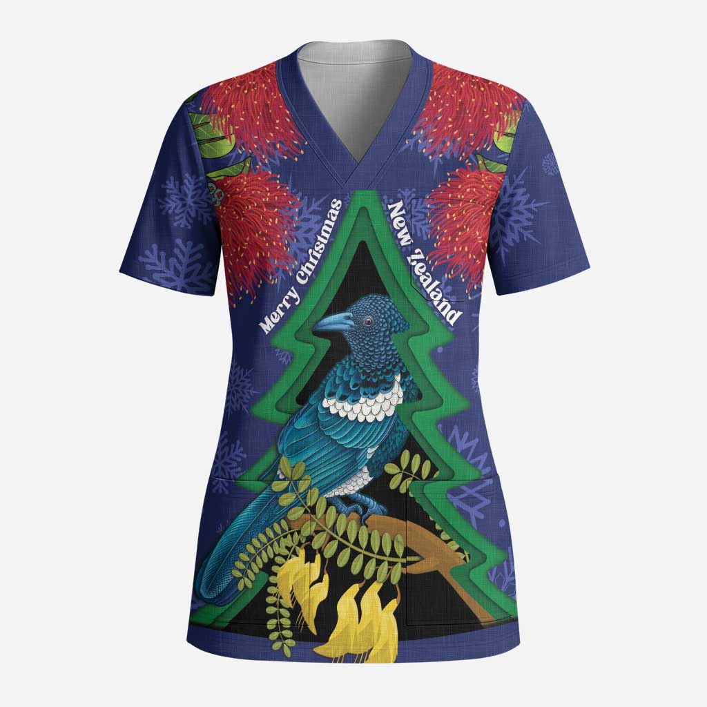 New Zealand Christmas In July Scrub Top Kowhai Tui Bird With Pohutukawa - Blue - Polynesian Pride