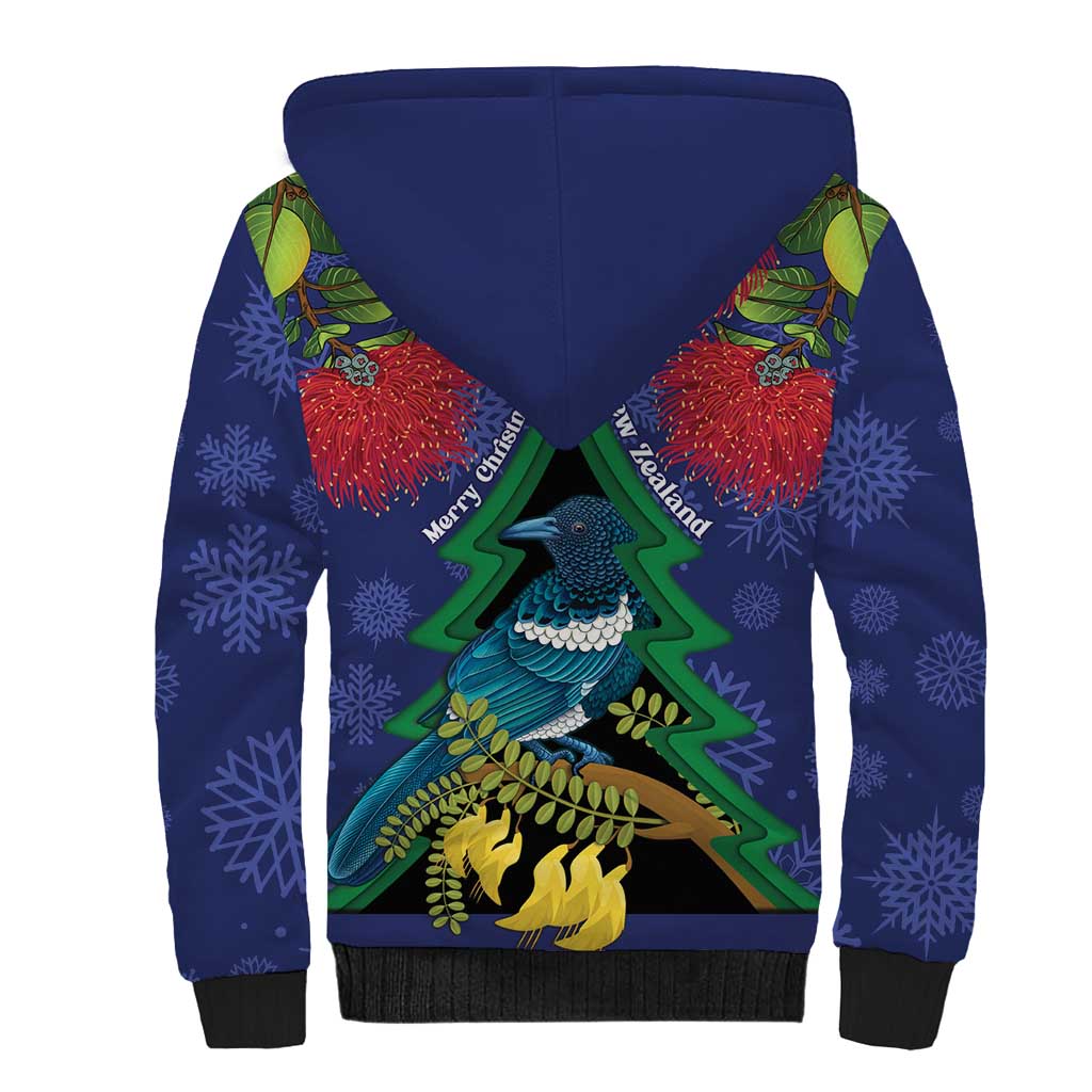 New Zealand Christmas In July Sherpa Hoodie Kowhai Tui Bird With Pohutukawa - Blue