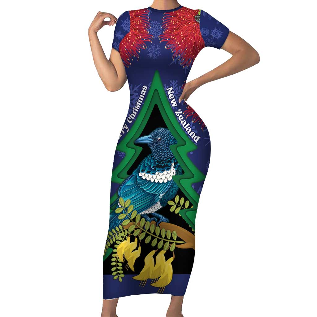 New Zealand Christmas In July Short Sleeve Bodycon Dress Kowhai Tui Bird With Pohutukawa - Blue