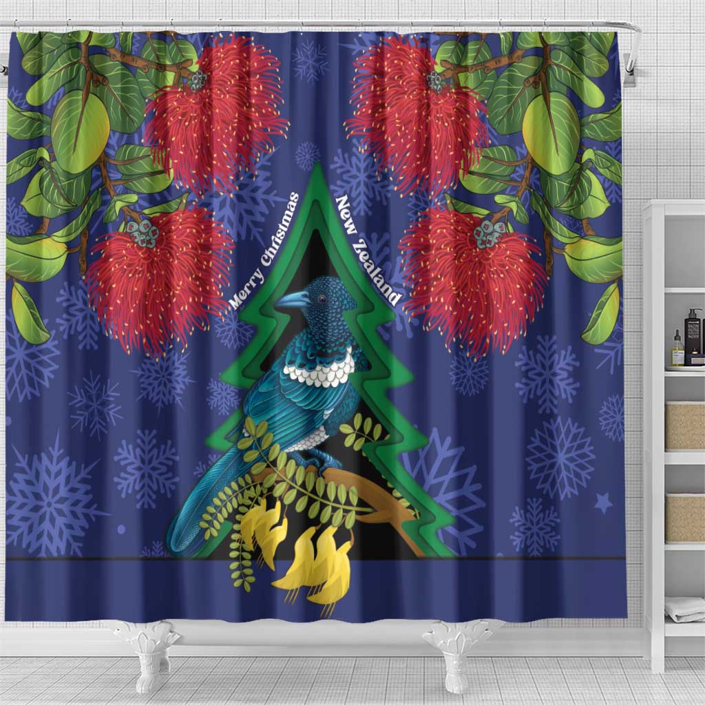 New Zealand Christmas In July Shower Curtain Kowhai Tui Bird With Pohutukawa - Blue