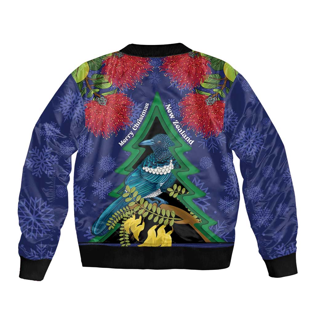 New Zealand Christmas In July Sleeve Zip Bomber Jacket Kowhai Tui Bird With Pohutukawa - Blue