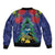 New Zealand Christmas In July Sleeve Zip Bomber Jacket Kowhai Tui Bird With Pohutukawa - Blue
