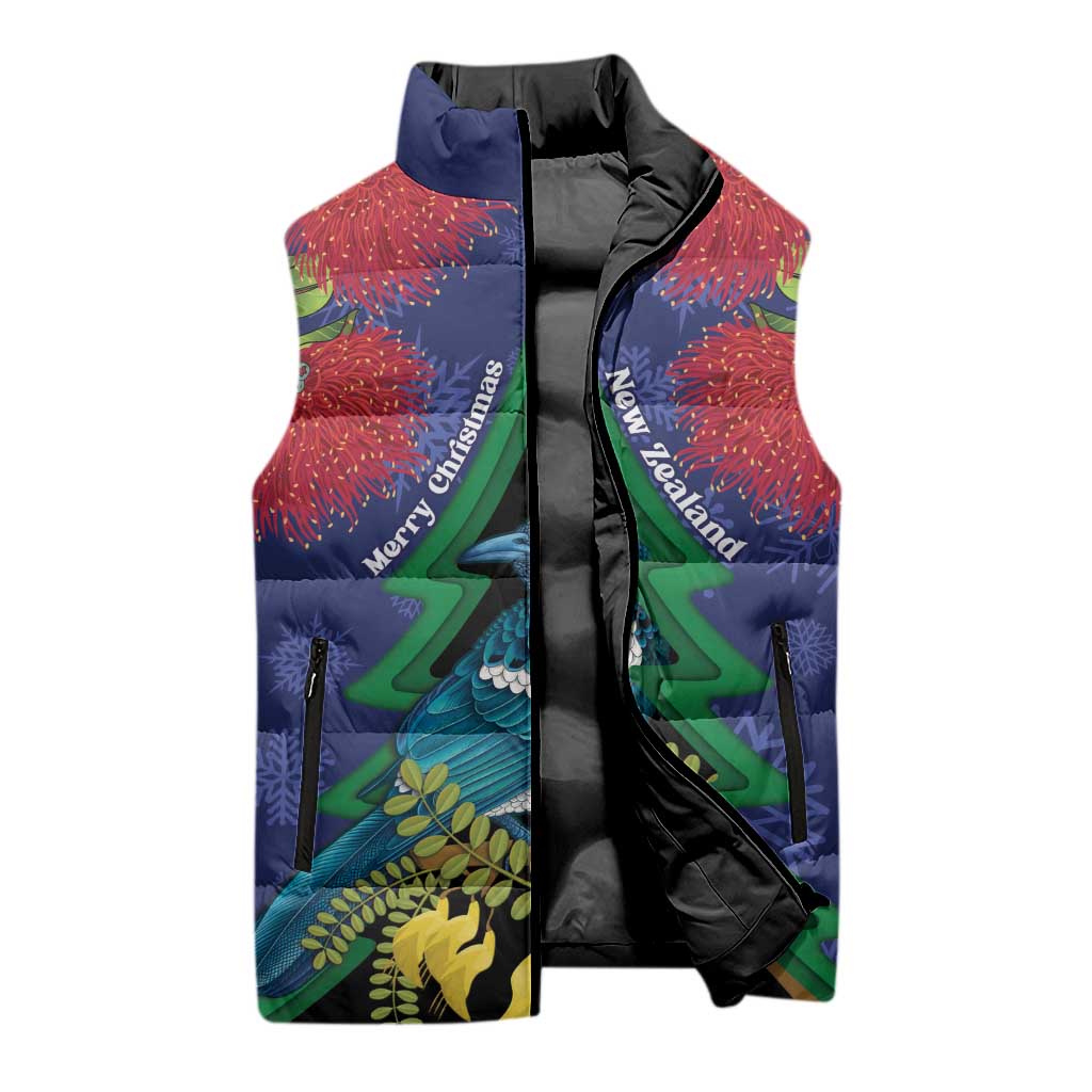 New Zealand Christmas In July Sleeveless Puffer Jacket Kowhai Tui Bird With Pohutukawa - Blue - Polynesian Pride