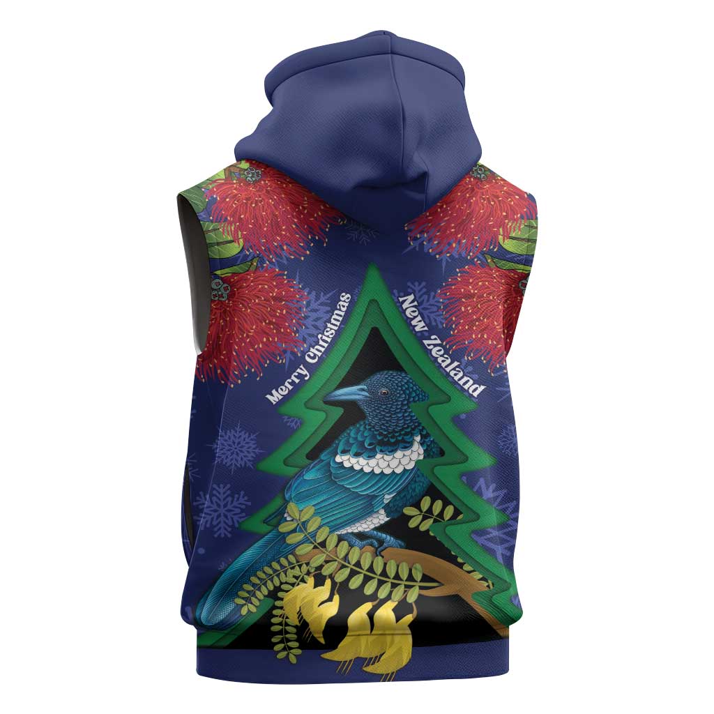 New Zealand Christmas In July Sleeveless Zip Hoodie Kowhai Tui Bird With Pohutukawa - Blue - Polynesian Pride