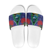 New Zealand Christmas In July Slide Sandals Kowhai Tui Bird With Pohutukawa - Blue - Polynesian Pride