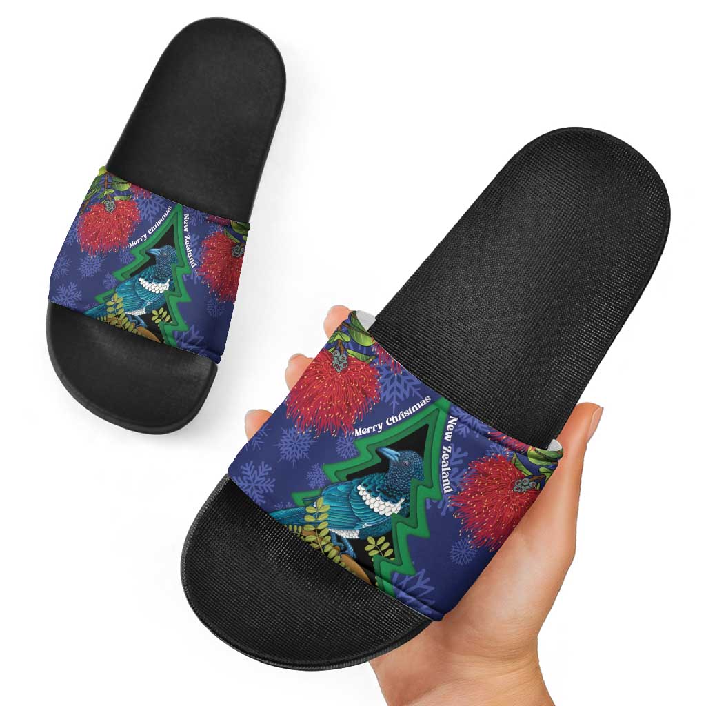 New Zealand Christmas In July Slide Sandals Kowhai Tui Bird With Pohutukawa - Blue - Polynesian Pride