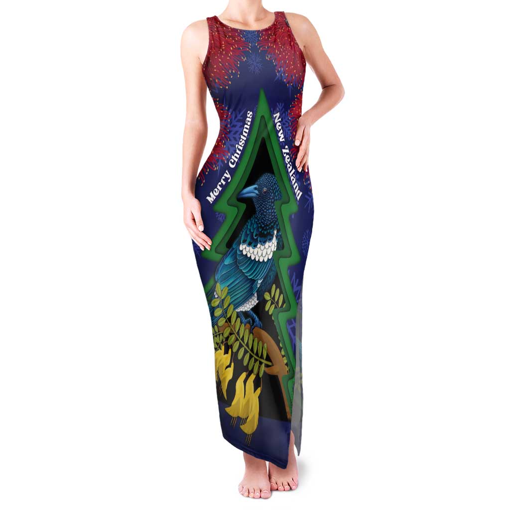 New Zealand Christmas In July Tank Maxi Dress Kowhai Tui Bird With Pohutukawa - Blue