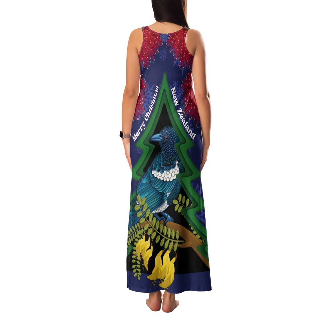 New Zealand Christmas In July Tank Maxi Dress Kowhai Tui Bird With Pohutukawa - Blue