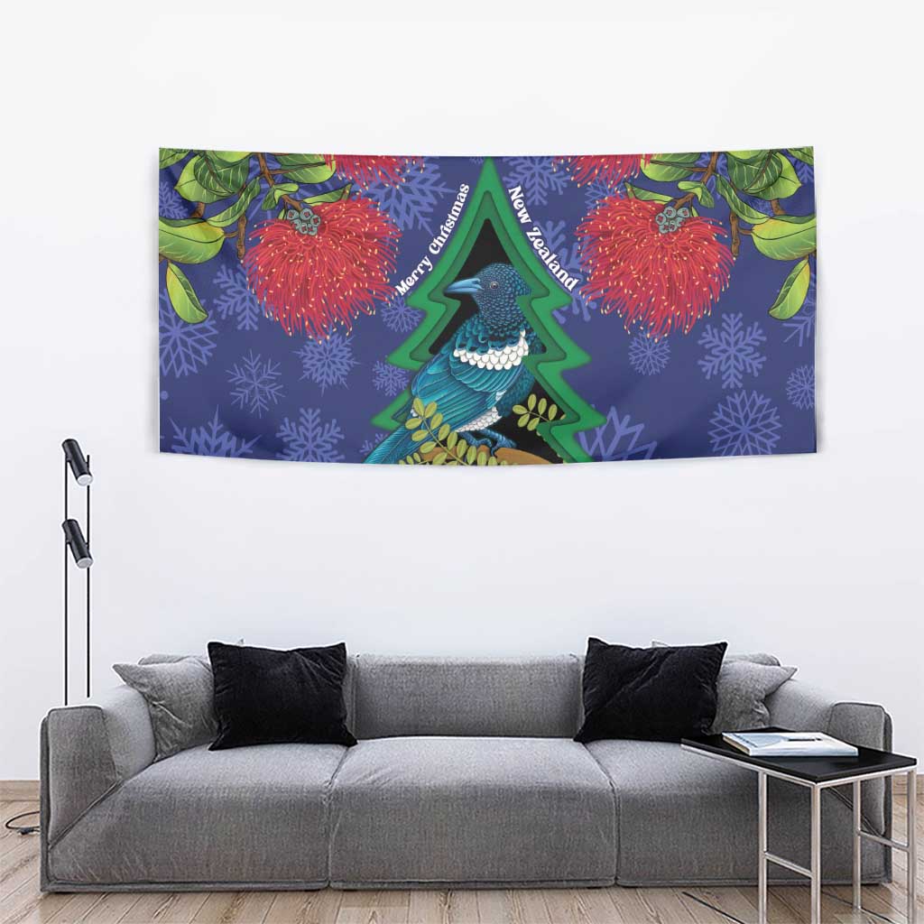 New Zealand Christmas In July Tapestry Kowhai Tui Bird With Pohutukawa - Blue