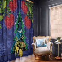 New Zealand Christmas In July Window Curtain Kowhai Tui Bird With Pohutukawa - Blue