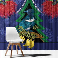 New Zealand Christmas In July Window Curtain Kowhai Tui Bird With Pohutukawa - Blue