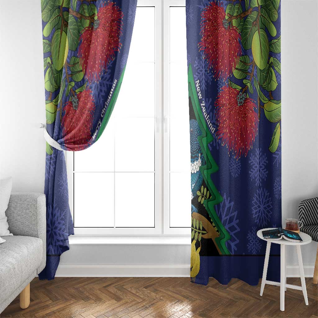 New Zealand Christmas In July Window Curtain Kowhai Tui Bird With Pohutukawa - Blue