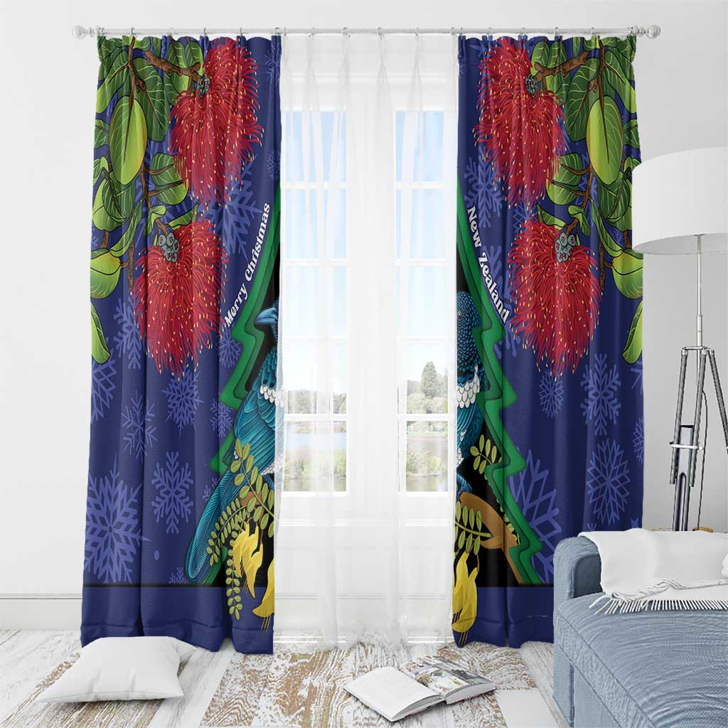 New Zealand Christmas In July Window Curtain Kowhai Tui Bird With Pohutukawa - Blue