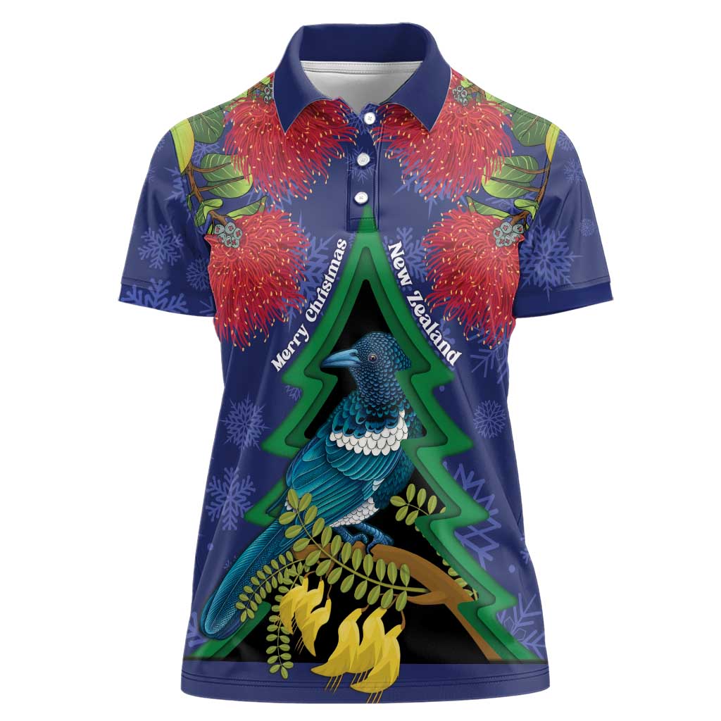 New Zealand Christmas In July Women Polo Shirt Kowhai Tui Bird With Pohutukawa - Blue