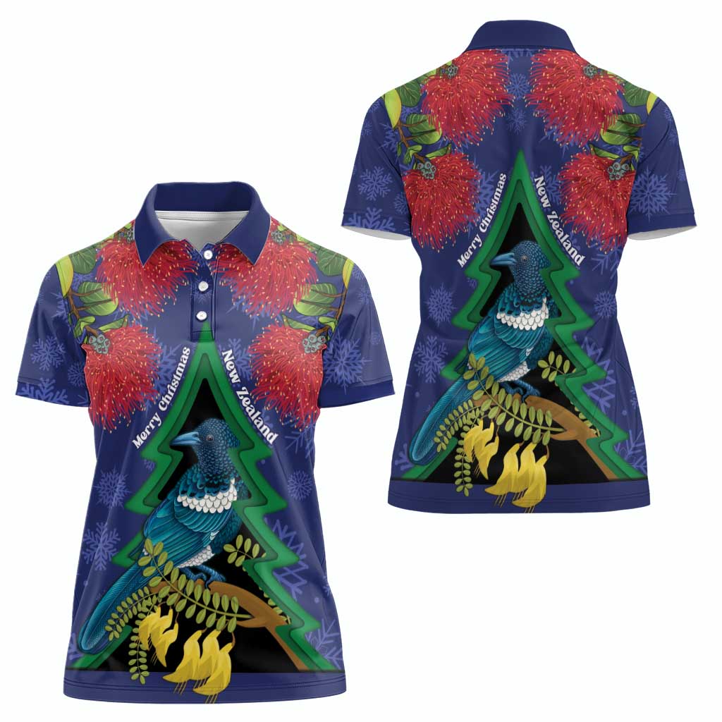 New Zealand Christmas In July Women Polo Shirt Kowhai Tui Bird With Pohutukawa - Blue