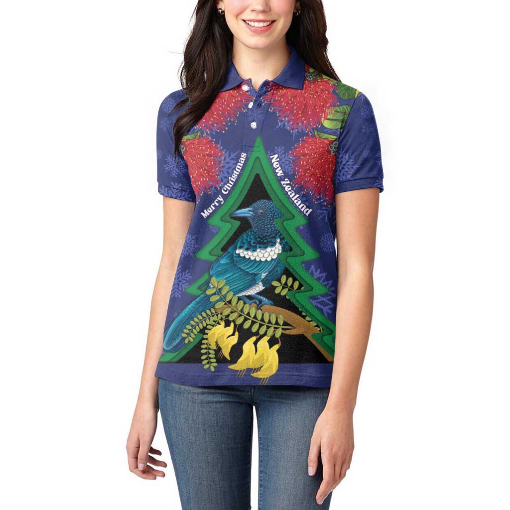 New Zealand Christmas In July Women Polo Shirt Kowhai Tui Bird With Pohutukawa - Blue