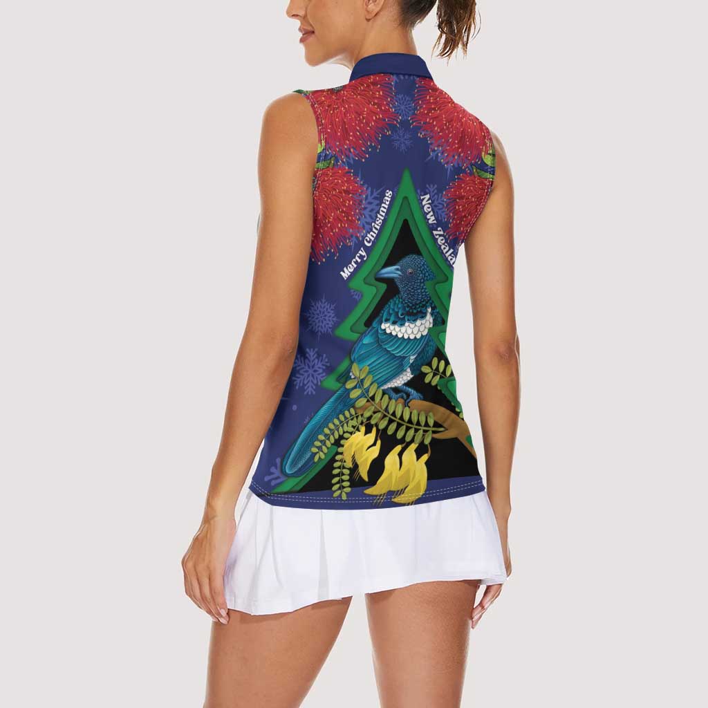 New Zealand Christmas In July Women Sleeveless Polo Shirt Kowhai Tui Bird With Pohutukawa - Blue