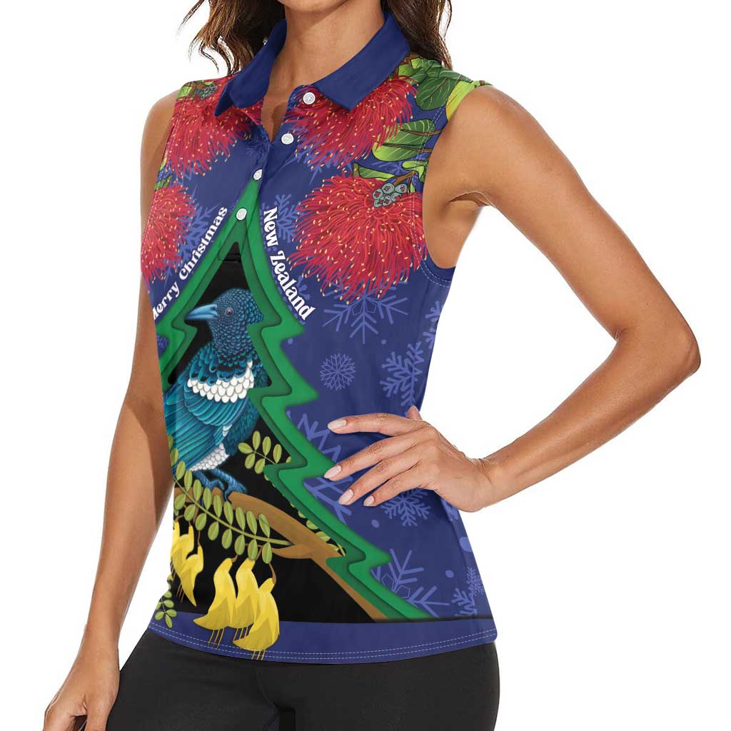New Zealand Christmas In July Women Sleeveless Polo Shirt Kowhai Tui Bird With Pohutukawa - Blue