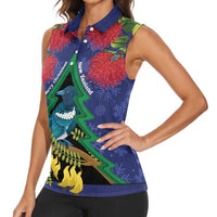 New Zealand Christmas In July Women Sleeveless Polo Shirt Kowhai Tui Bird With Pohutukawa - Blue