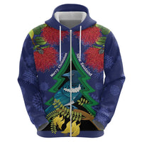 New Zealand Christmas In July Zip Hoodie Kowhai Tui Bird With Pohutukawa - Blue