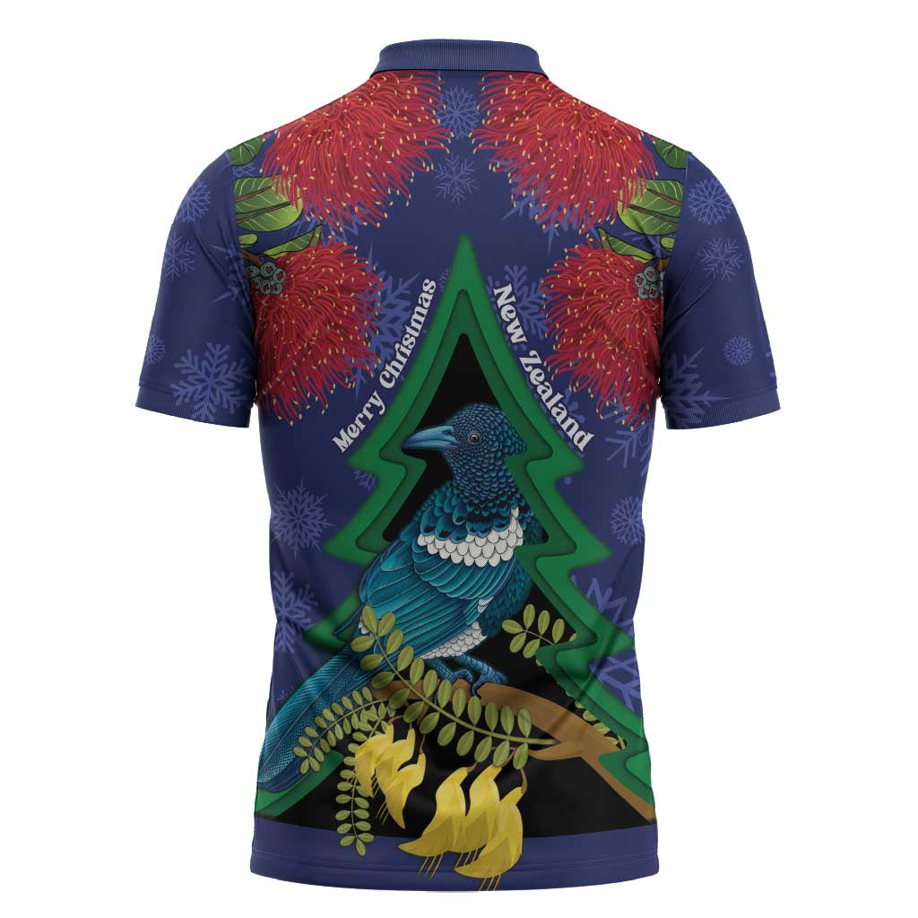 New Zealand Christmas In July Zipper Polo Shirt Kowhai Tui Bird With Pohutukawa - Blue - Polynesian Pride
