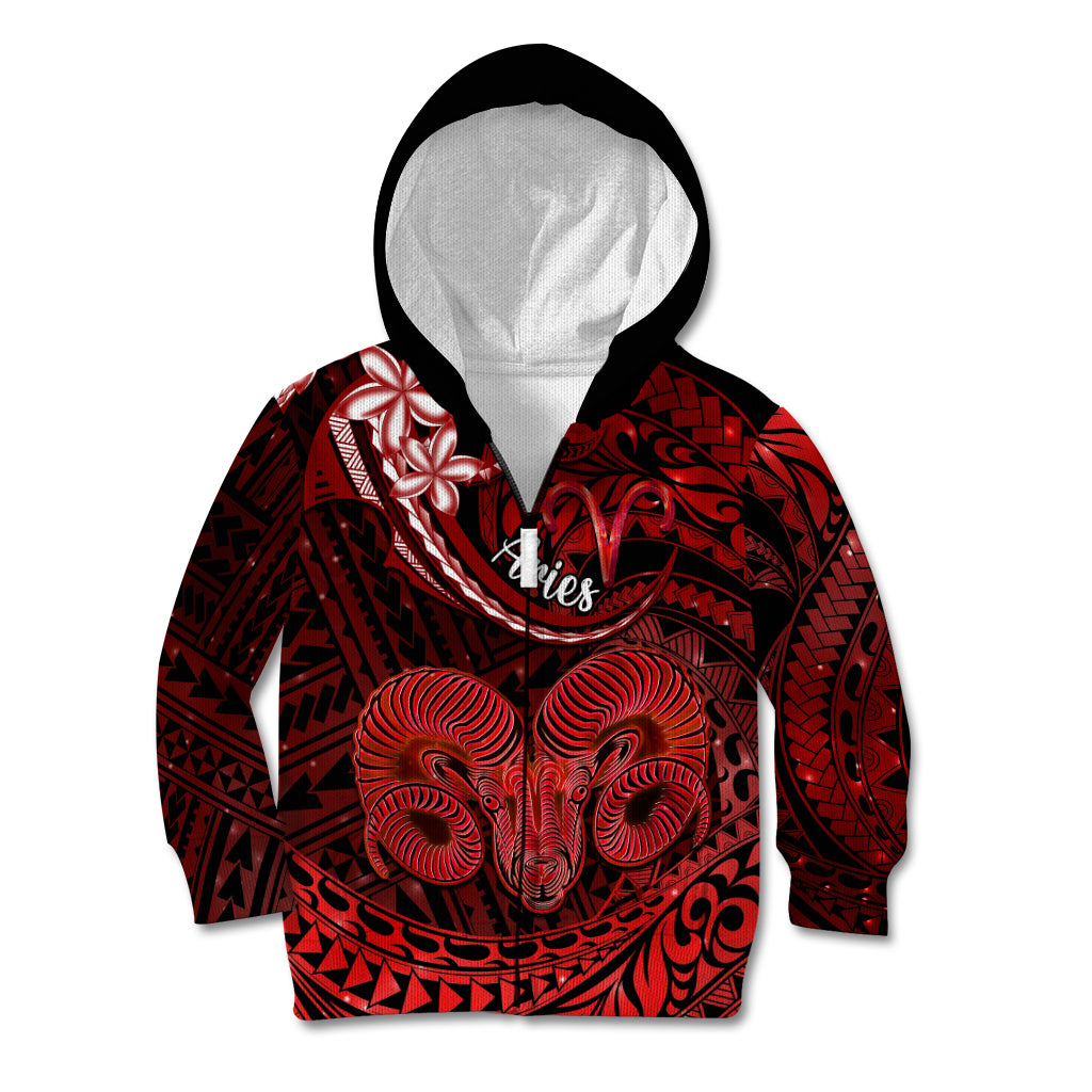 Polynesian Pride Aries Zodiac Kid Hoodie Astrological Sign Tribal Plumeria Red Galaxy LT14 Zip Hoodie Red - Polynesian Pride
