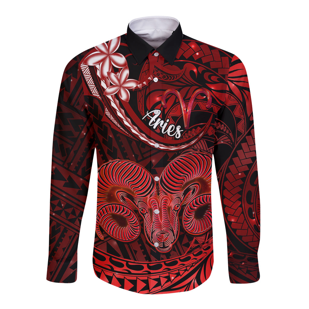 Polynesian Pride Aries Zodiac Long Sleeve Button Shirt Astrological Sign Tribal Plumeria Red Galaxy LT14 Unisex Red - Polynesian Pride