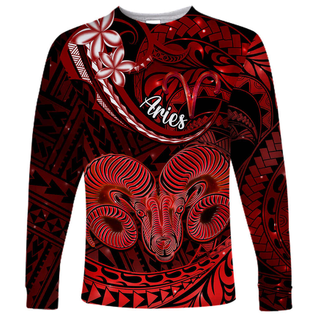 Polynesian Pride Aries Zodiac Long Sleeve Shirt Astrological Sign Tribal Plumeria Red Galaxy LT14 Unisex Red - Polynesian Pride