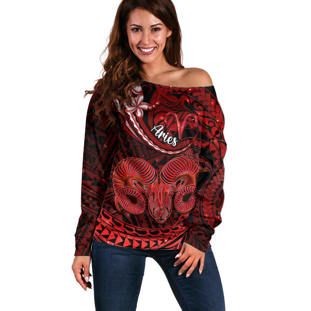 Polynesian Pride Aries Zodiac Off Shoulder Sweater Astrological Sign Tribal Plumeria Red Galaxy LT14 Women Red - Polynesian Pride