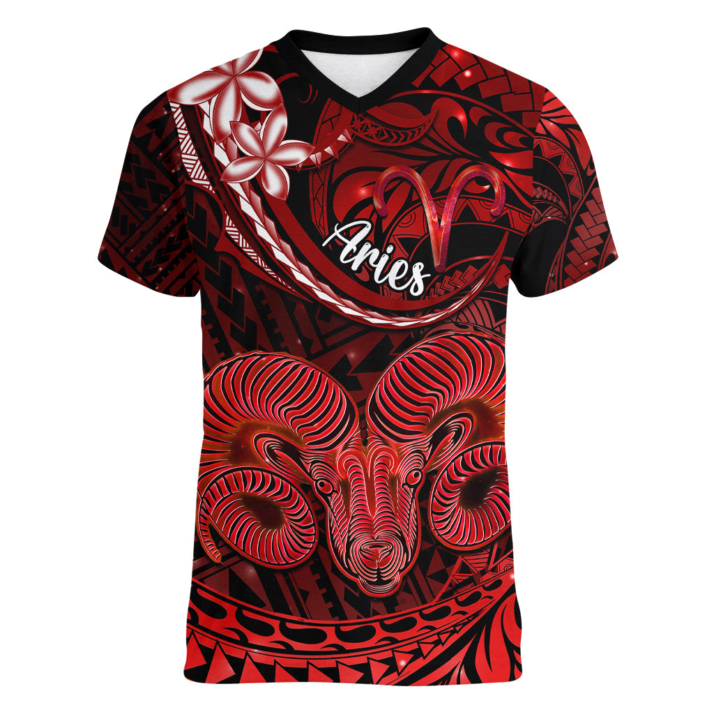 Polynesian Pride Aries Zodiac Women V Neck T Shirt Astrological Sign Tribal Plumeria Red Galaxy LT14 Female Red - Polynesian Pride