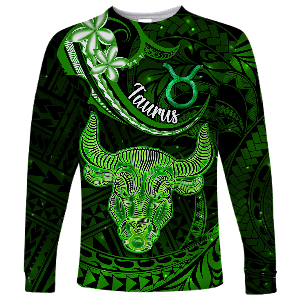 Polynesian Pride Taurus Zodiac Long Sleeve Shirt Astrological Sign Tribal Plumeria Green Galaxy LT14 Unisex Green - Polynesian Pride