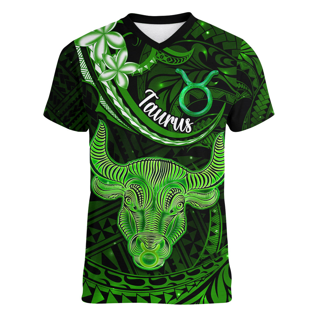 Polynesian Pride Taurus Zodiac Women V Neck T Shirt Astrological Sign Tribal Plumeria Green Galaxy LT14 Female Green - Polynesian Pride