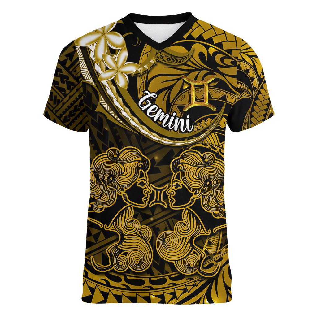 Polynesian Pride Gemini Zodiac Women V Neck T Shirt Astrological Sign Tribal Plumeria Gold Galaxy LT14 Female Gold - Polynesian Pride