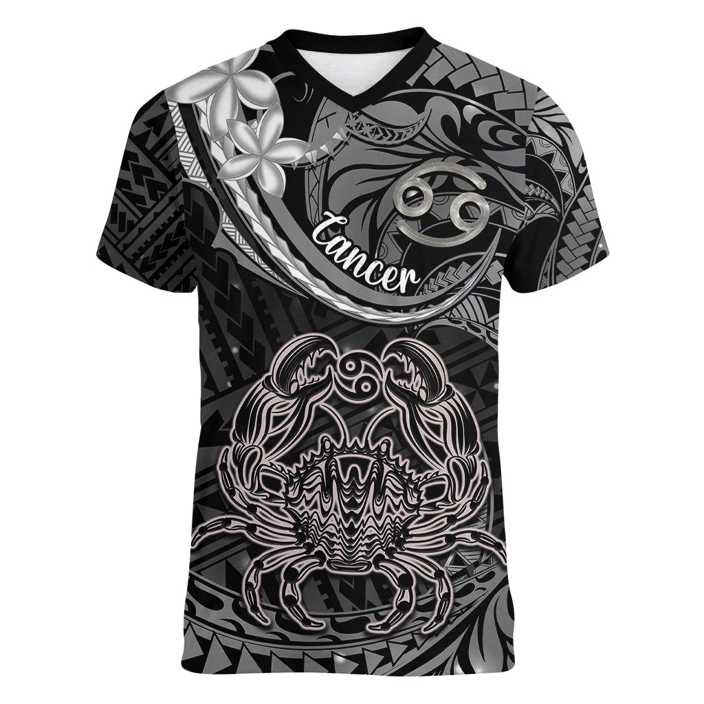Polynesian Pride Cancer Zodiac Women V Neck T Shirt Astrological Sign Tribal Plumeria Grey Galaxy LT14 Female Grey - Polynesian Pride