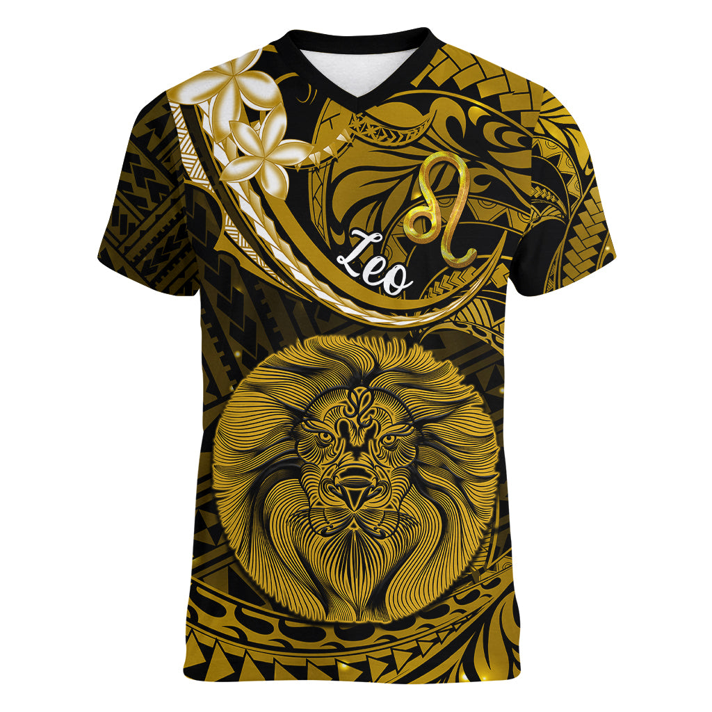 Polynesian Pride Leo Zodiac Women V Neck T Shirt Astrological Sign Tribal Plumeria Gold Galaxy LT14 Female Gold - Polynesian Pride
