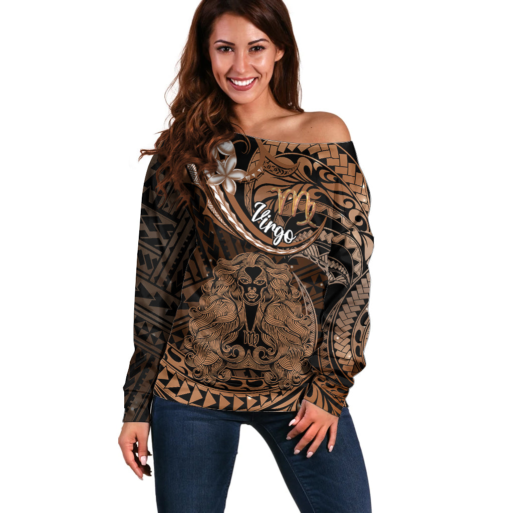 Polynesian Pride Virgo Zodiac Off Shoulder Sweater Astrological Sign Tribal Plumeria Brown Galaxy LT14 Women Brown - Polynesian Pride