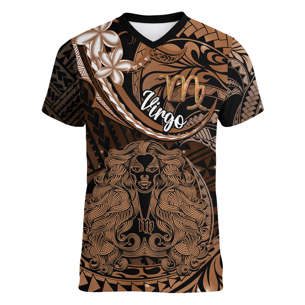 Polynesian Pride Virgo Zodiac Women V Neck T Shirt Astrological Sign Tribal Plumeria Brown Galaxy LT14 Female Brown - Polynesian Pride