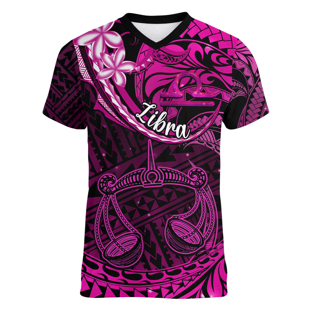 Polynesian Pride Libra Zodiac Women V Neck T Shirt Astrological Sign Tribal Plumeria Pink Galaxy LT14 Female Pink - Polynesian Pride