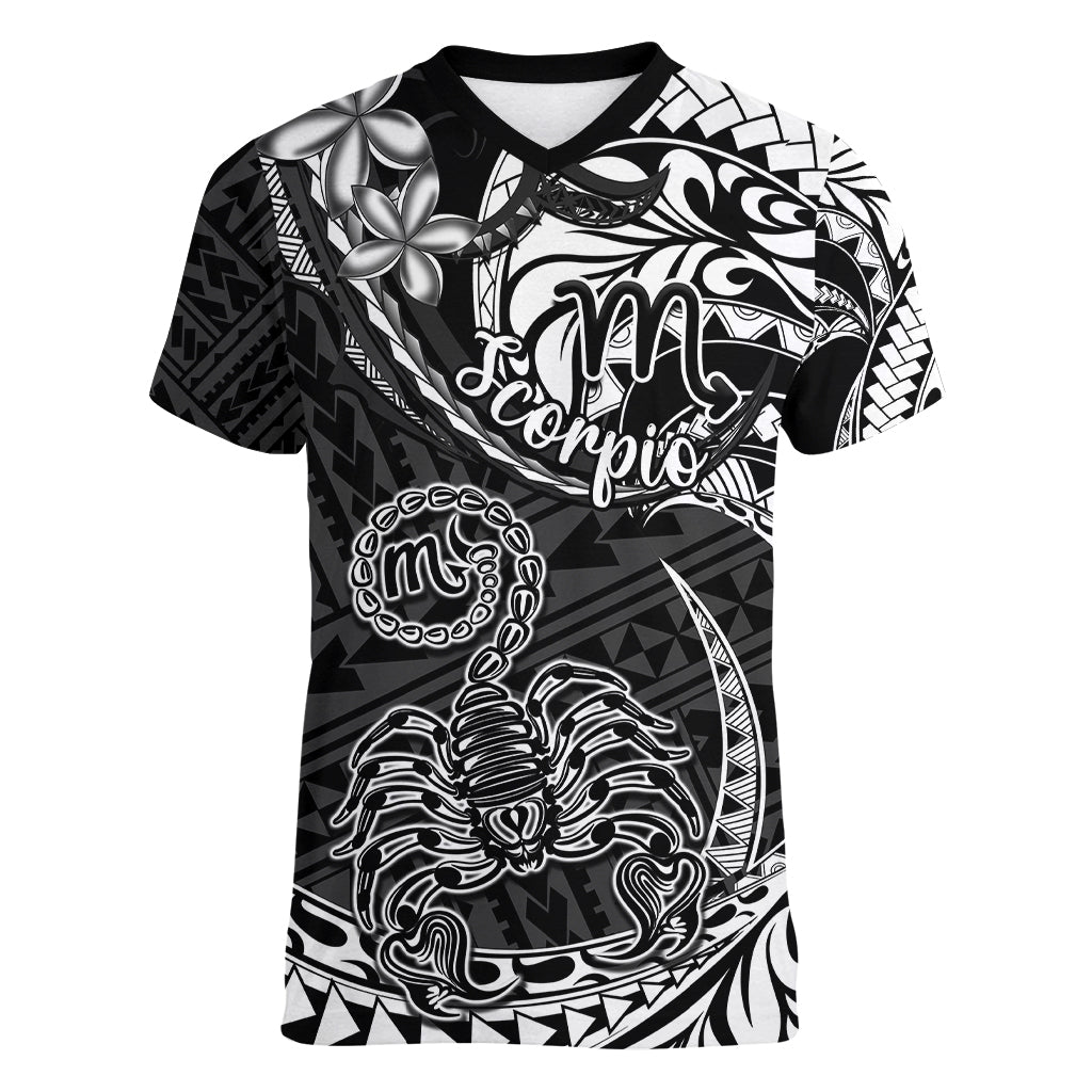 Polynesian Pride Scorpio Zodiac Women V Neck T Shirt Astrological Sign Tribal Plumeria Black LT14 Female Black - Polynesian Pride