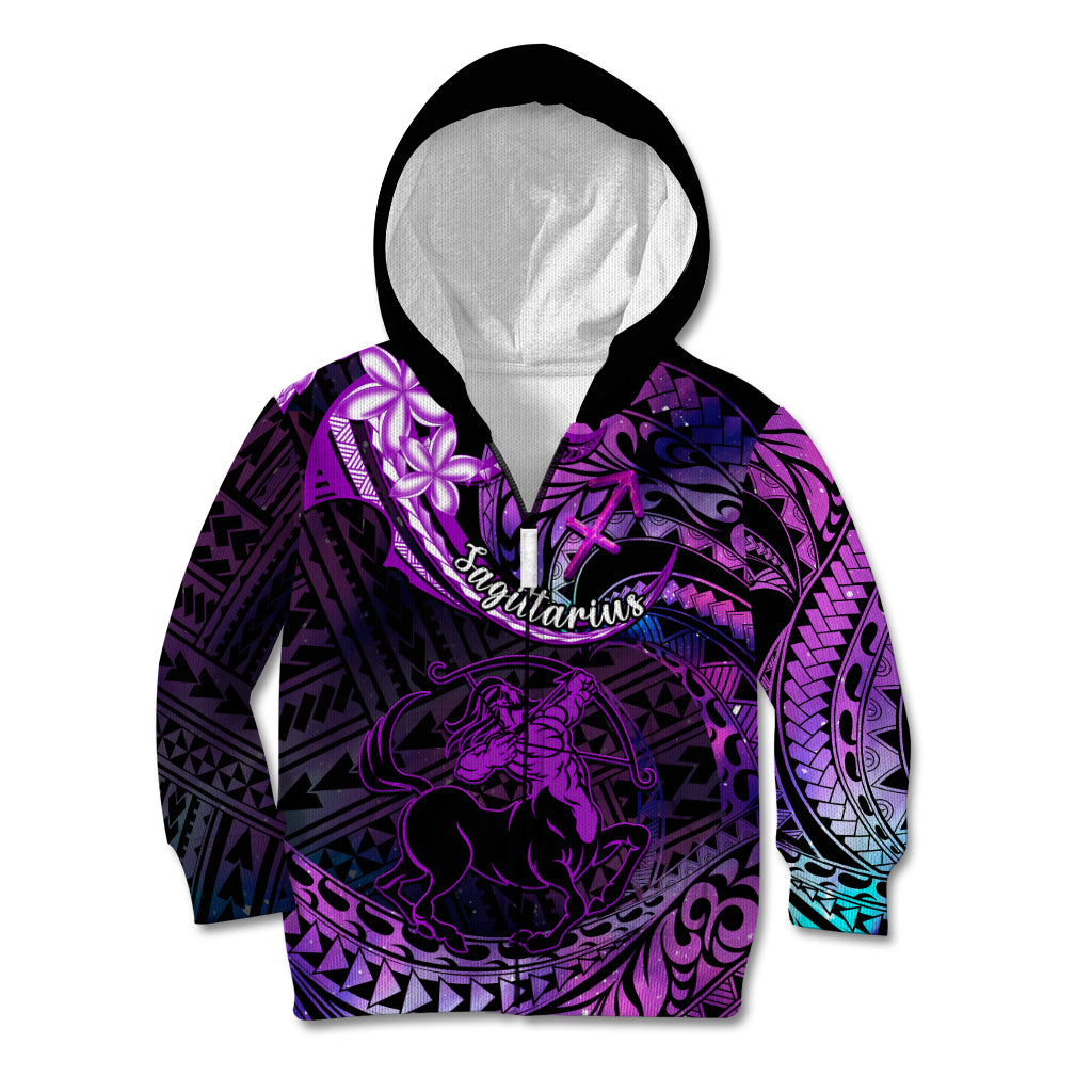 Polynesian Pride Sagittarius Zodiac Kid Hoodie Astrological Sign Tribal Plumeria Purple Galaxy LT14 Zip Hoodie Purple - Polynesian Pride