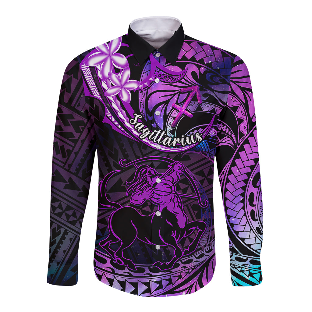 Polynesian Pride Sagittarius Zodiac Long Sleeve Button Shirt Astrological Sign Tribal Plumeria Purple Galaxy LT14 Unisex Purple - Polynesian Pride