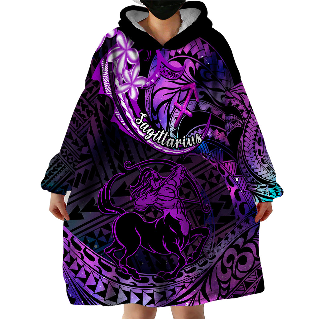 Polynesian Pride Sagittarius Zodiac Wearable Blanket Hoodie Astrological Sign Tribal Plumeria Purple Galaxy LT14 - Polynesian Pride