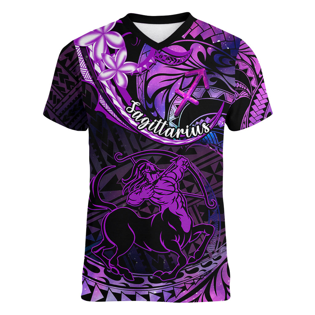 Polynesian Pride Sagittarius Zodiac Women V Neck T Shirt Astrological Sign Tribal Plumeria Purple Galaxy LT14 Female Purple - Polynesian Pride